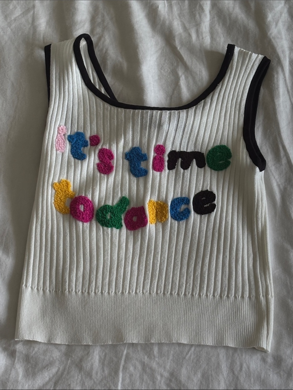 NWT White Ribbed Tank with Colorful 'Its Time to Dance' Appliqué